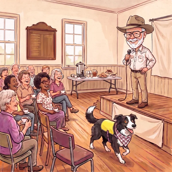 Caricature of Brian Colyer on stage at a CWA hall, Porter the border collie working the room in his yellow assistance-dog vest