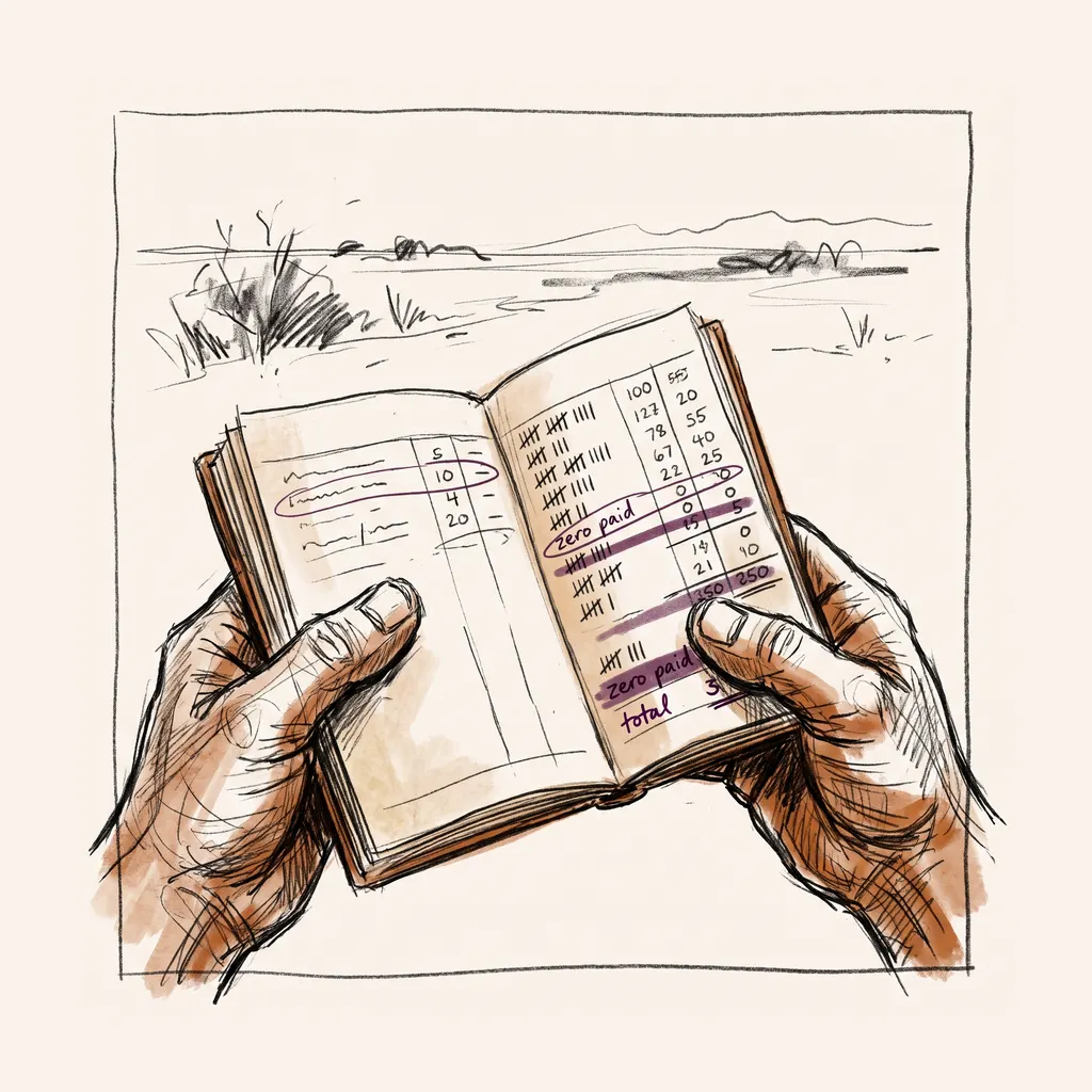 Muster & Tally — hands holding a muster book out on the land, keeping a running tally of an NDIS budget